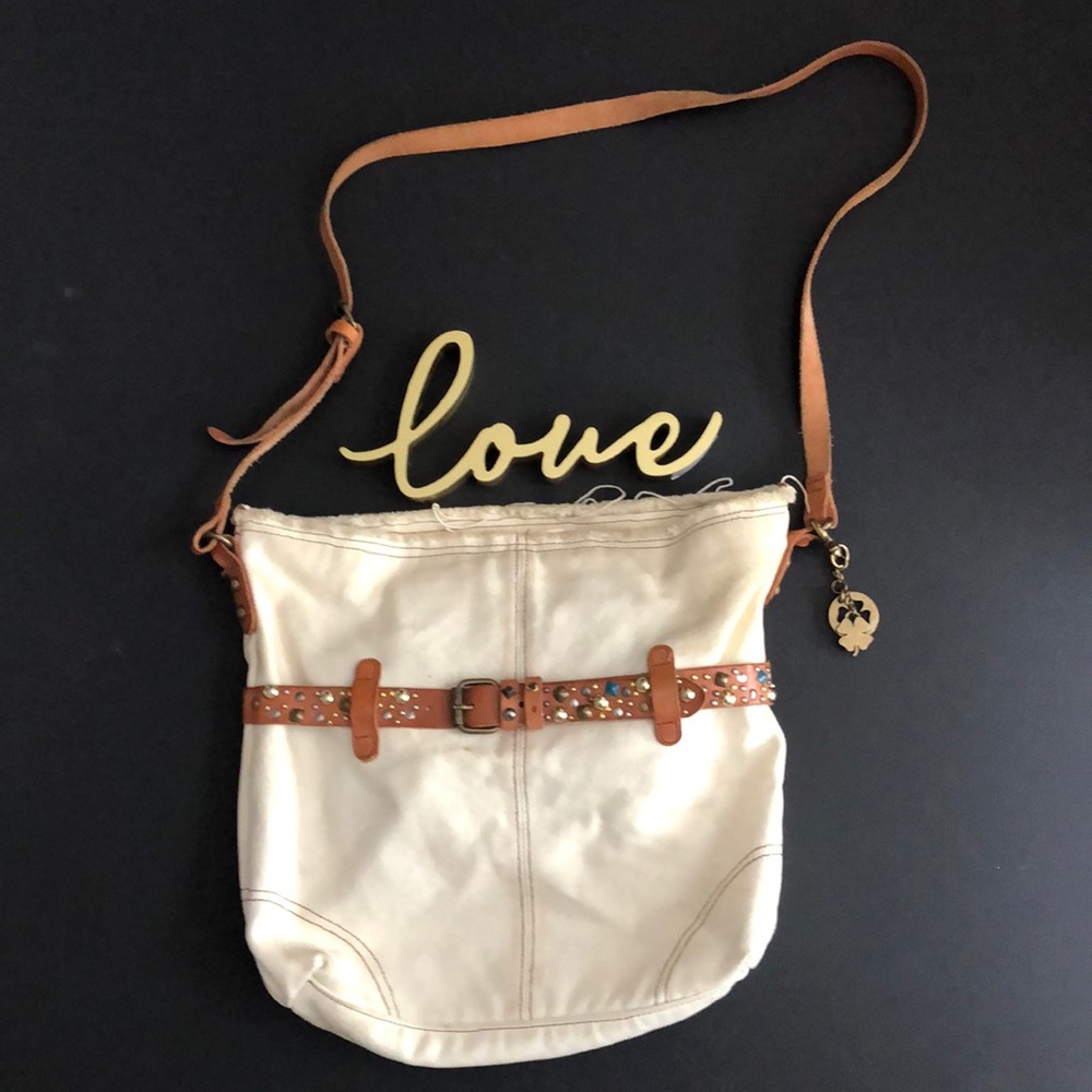 Lucky Brand Cream Canvas Shoulder Bag w/Leather Stud Strap